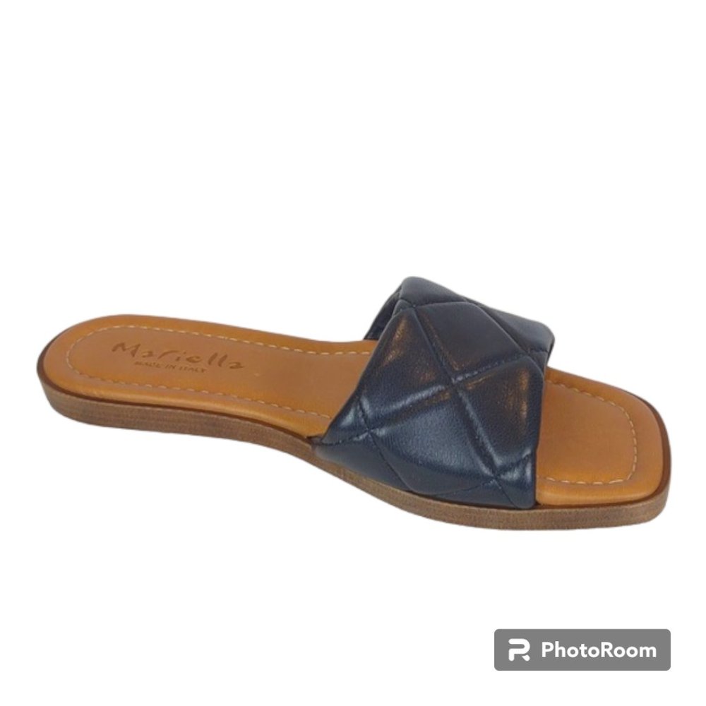 Mariella Navy Italian Leather Quilted Strap Minimalist Platform Slide Sandals